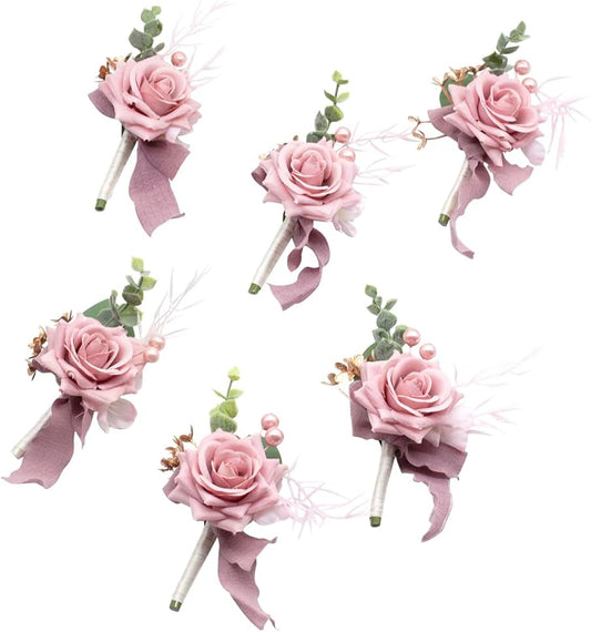 Ansofi Dusty Pink Boutonniere for Men Set of 6 for Groom Best Man Groomsmen Artificial Flowers Boutonniere for Wedding Ceremony Anniversary Formal Dinner Party Fall Vintage Rustic Marriage Prom