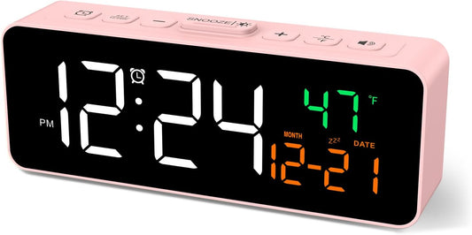 Netzu 3-in-1 Digital Clocks for Living Room with Temperature, Date & Time Display - 4 Levels Birghtness, 3 Volumes, Small & Compact Plug-in Alarm Clock for Bedroom Pink