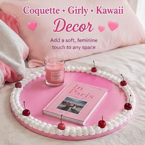 Drippin Spice Retro Pink Cherry Faux Cake Tray, Handmade Decorative Vanity Tray, Coquette Aesthetic Room Decor, Cute Jewelry & Perfume Organizer, Girly Dessert Display Plate, XL 15.75 Inch