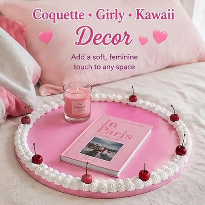 Drippin Spice Retro Pink Cherry Faux Cake Tray, Handmade Decorative Vanity Tray, Coquette Aesthetic Room Decor, Cute Jewelry & Perfume Organizer, Girly Dessert Display Plate, XL 15.75 Inch
