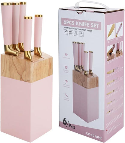 Pink Titanium-Plated Knife Set 7-Piece - Professional Kitchen Knives with Chef/Slicing/Utility/Honing Steel - Rose Gold Blades + Wooden Stand, Luxury Gift Box (Pink)