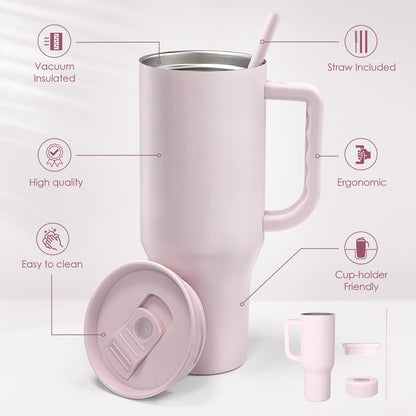SANDJEST Pale Pink 40oz Tumbler with Handle and Straw, Insulated Stainless Steel Travel Coffee Mug for Women Girls, Gift Idea for Birthday Christmas Mothers Day