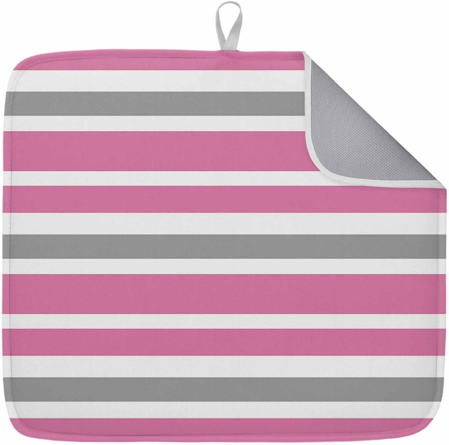 Dish Drying Mat Pink Grey and White Stripes Kitchen Counter Drying Pad for Dishes Glasses Cups and Cookware Farmhouse Stripe Absorbent Dish Drying Mat Machine Washable Kitchen Accessories 16" x 18"