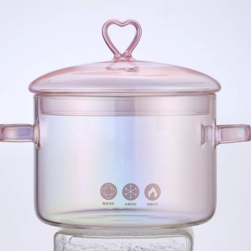 Pink Glass Saucepan with Lid and Handle,Heart-Shaped Glass Cooking Pot, 1.5L/50oz GlassCooking Pot,Heat Resistant,Safe for Oven,Gas,Electric Stoves and Dishwashers Safe,for Pasta Soups Potpourri