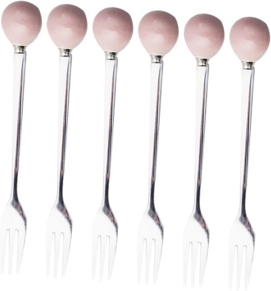 BESTOYARD 6pcs Stainless Steel Dessert Spoons Pink Ceramic Handle Mini Home Tableware