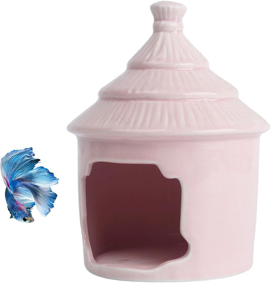 Saim Cute Aquarium Decorations Ceramic Palace Little Grass Hut Shaped Toad House, Betta Fish Tank Accessory Decor Ornament Hideout Pleco Cave for Fish Playing or Hiding (Pink)