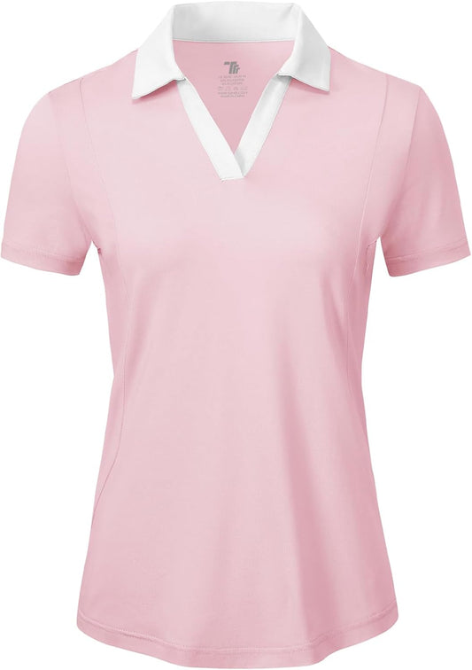BGOWATU Women's Short Sleeve Golf Tennis Polo Shirts V Neck Collared Workout Tops UV Protection Dry Fit