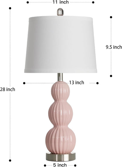 28" Pink Ceramic Table Lamps Set of 2, Modern Bedside Lamps for Night Stands, Triple Gourd Table Lamp for Living Room End Table or Bedroom Nightstand (2 LED Bulbs Included)