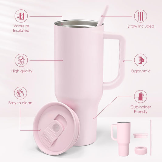 SANDJEST Light Pink 40oz Tumbler with Handle and Straw, Insulated Stainless Steel Travel Coffee Mug for Women Girls, Gift Idea for Birthday Christmas Mothers Day