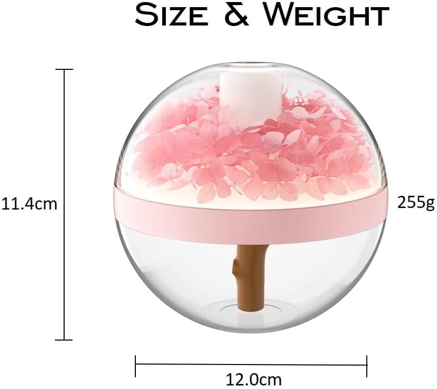 Preserved Flower Portable Humidifier,270ml Capacity,Rechargeable Essential Oil Diffuser with Night Light and Waterless Auto Shut-Off,for Office Room Bedroom Livingroom (Pink Hydrangea)