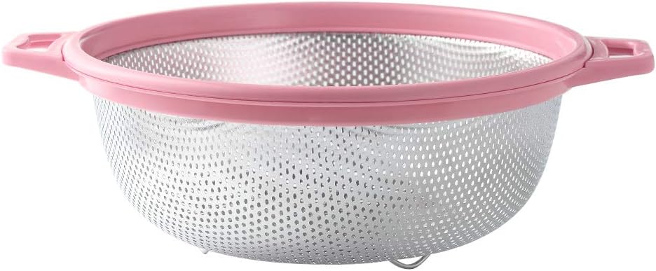 HiramWare Stainless Steel Colander With Handle and Legs, Large Metal Pink Strainer for Pasta, Spaghetti, Berry, Veggies, Fruits, Noodles, Salads, 5-quart 10.5” Kitchen Mesh Colander, Dishwasher Safe