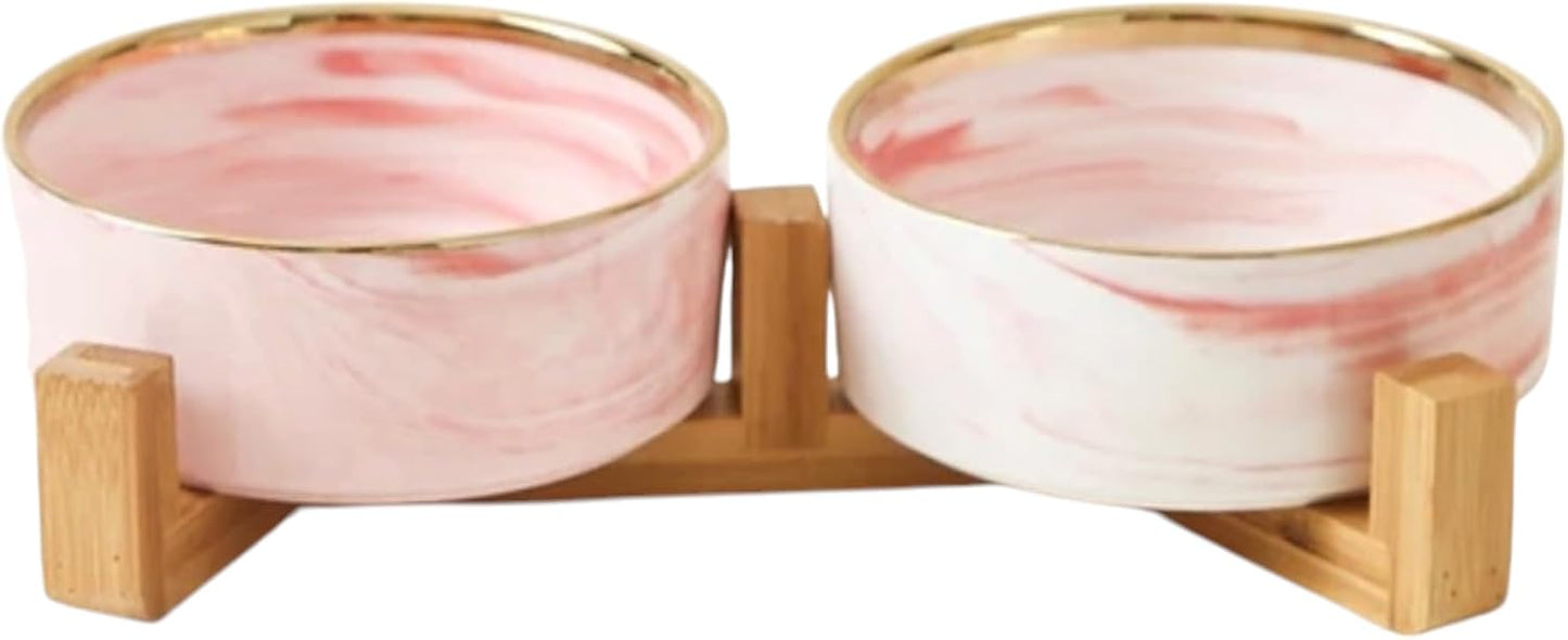 Ceramic Pet Bowl (Marble Design) Set of 2 with Stand, 2cups and 4 Cups Capacity (Marble Pink w/Gold, Small, 2 Cups per Bowl)