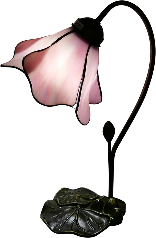 Tiffany Table Lamp Pink Lotus Stained Glass Lamp 8" Wide 14" Tall Bedside Table Light Desk Lamps Vintage Reading Lamp with Color Changing LED Bulb
