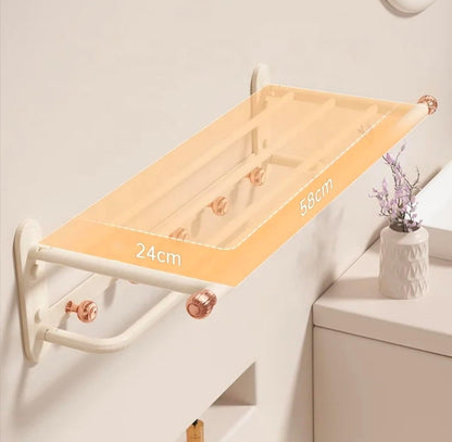 Luxury Double Bath Towel Rack, 24-Inch Rose Gold & Cream White Wall Mounted Towel Shelf, Space-Saving 90° Foldable Aluminum Towel Holder with 5 Hooks for Bathroom, Hotel, and Bedroom, Rustproof Design