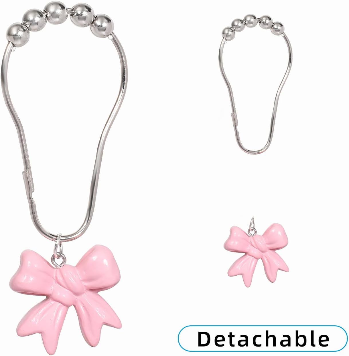 SUQ I OME 12PCS Decorative Shower Curtain Hooks, Pink Bow Knot Resin Curtain Hooks Shower Rings for Bathroom