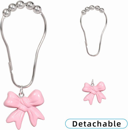 SUQ I OME 12PCS Decorative Shower Curtain Hooks, Pink Bow Knot Resin Curtain Hooks Shower Rings for Bathroom