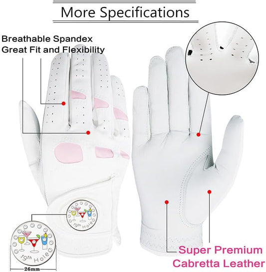VEASAERS Golf Gloves Women Leather with Ball Marker 3 Pack, Left Hand Right Stylish Pink All Weather Grip Breathable Glove, Fit Sizes Small Medium Large for Womens Ladies