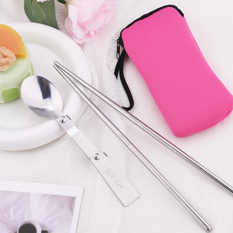 Folding Portable Spoon and Chopsticks Set with Pink Bag Stainless Steel Travel Utensils for Camping Lunch Utensils Set for Work Portable Cutlery for Women Girls
