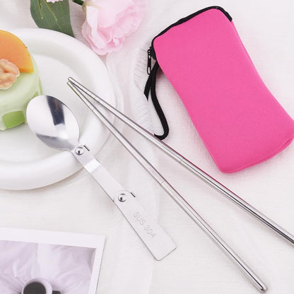 Folding Portable Spoon and Chopsticks Set with Pink Bag Stainless Steel Travel Utensils for Camping Lunch Utensils Set for Work Portable Cutlery for Women Girls