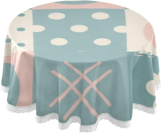 Patchwork Pattern Flowers Pastel Peach Round Fabric tablecloths 60 Inch Machine Washable White Lace Table mat for Restaurant Dinning