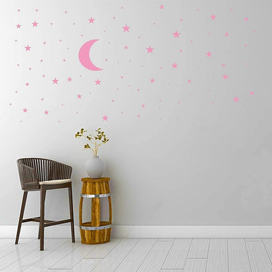 Moon and Stars Wall Decal Vinyl Sticker, Removable Children Kids Art DIY Sticker Mural for Boy Girls Baby Room Decoration Good Night Nursery Wall Decor Home House Bedroom Design (Pink)