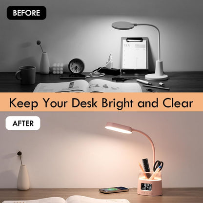 WILIT LED Desk Lamp for College Dorm Room Essentials, Students Study Lamp with USB Charging Port, Pen Holder, Clock & RGB Night Light, Office Desk Light Accessories, Table Lamp for Bedroom - Pink