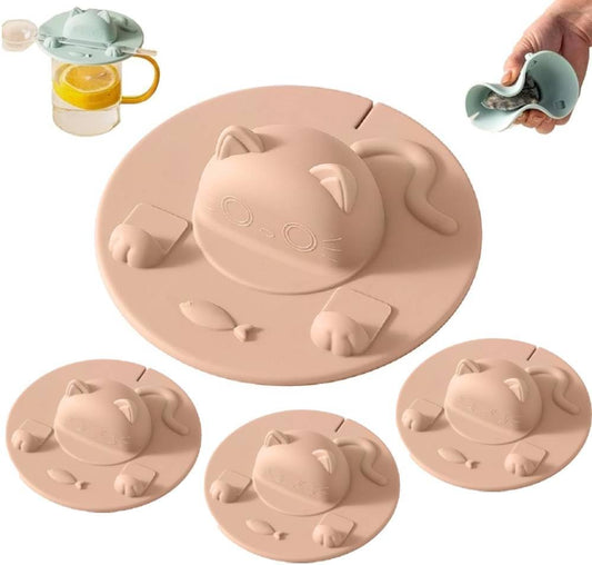 4PCS Silicone Tea Bag Holder, Cat-Designed Cup Cover with Tea Bag Holder Mug Lid for Coffee Milk Tea (Light Pink)