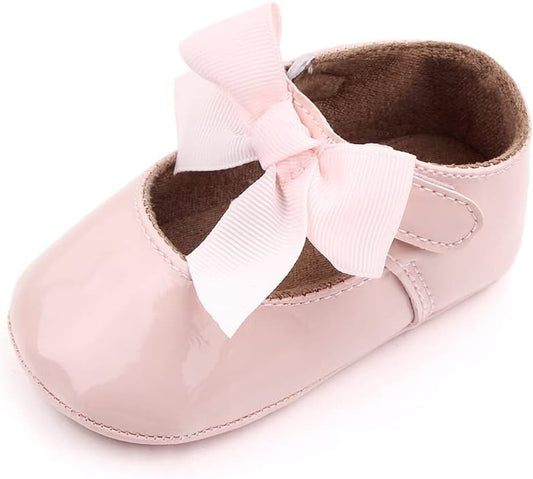 Clowora Infant Toddler Baby Girl Dress Shoes Mary Jane First Walking PU Leather Princess Wedding Rubber Sole Non-Slip with Bowknot Floral Flats