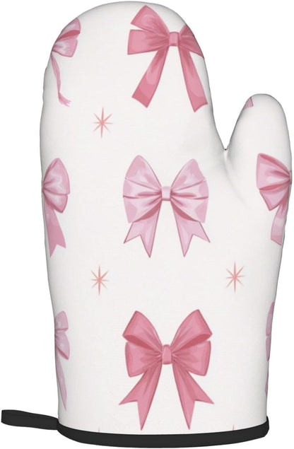 Nine Light Pink Bows Oven Mitts and Pot Holders Sets,Heat Resistant Potholder Kitchen Decor for Cooking Baking BBQ, Oven Glove Set