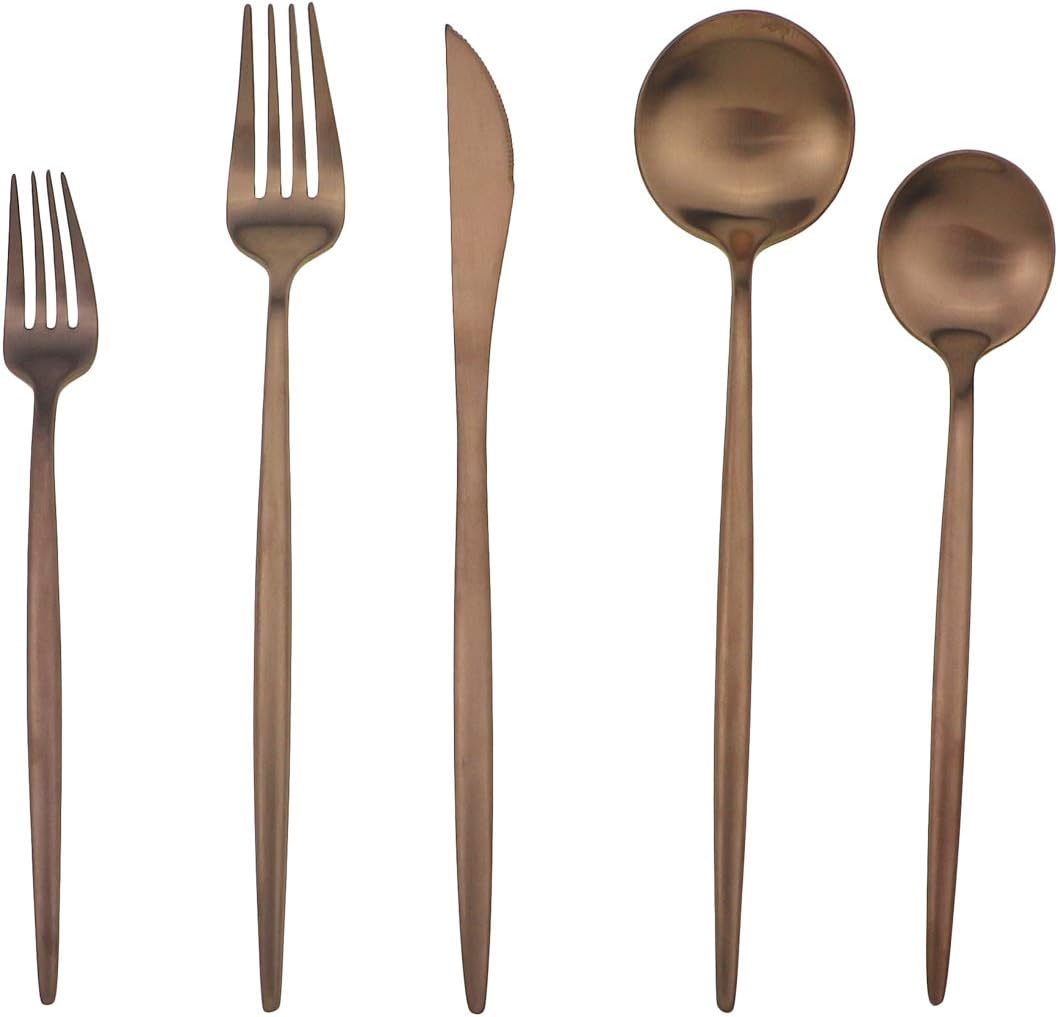 5 Pcs Dessert Spoon Set Silverware Set – 304 Stainless Steel Rose Gold Utensil Salad Spoon Set, Matte Copper Curved Design Cutlery 7.09 inches