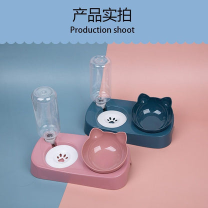 Cat Bowl, Cat Food and Water Bowl Set, 15 ° Tilted Cat Food Bowl, Cat Bowl with Automatic Water Dispenser Bottle, Detachable Wet and Dry Cat Dishs for Indoor Cats Small Dogs Puppy-Pink