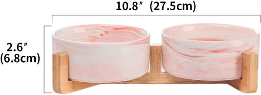 Marble Pink Ceramic Cat Dog Bowl Dish with Wood Stand No Spill Pet Food Water Feeder Cats Small Dogs Set of 2