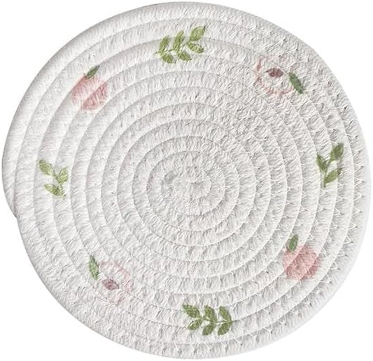 Round Placemats Fruit & Floral Pattern Rope Braided Place Mats Cute Fruit Table Mats,12 Inch,4-Piece Set (Peach,7inch/18cm)