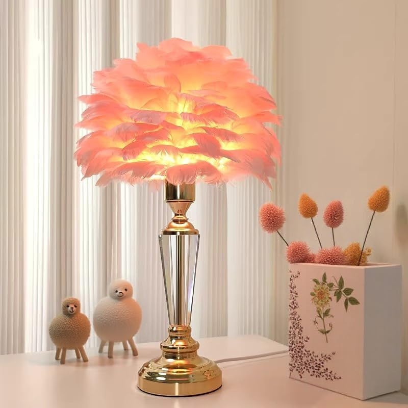 Pink Feather Lamp Cute Princess Table Lamp Romantic Furry Goose Feather Decoration Desk Light Creative Bedside Lamps for Kids Wedding Bedroom Girls' Room Decor