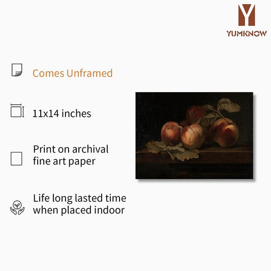 Farmhouse Still Life Picture Living Room - Rustic Vintage Decor for Bedroom - Peach Fruit Dining Room Moody Muted Oil Painting Art Deco Wall Art for Kitchen - 11 x 14 Art Print - Antique French Poster