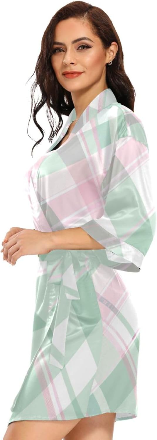 Ladies Mint Green Pink Check Bathrobes Warm Nightgowns for Women Home Beach