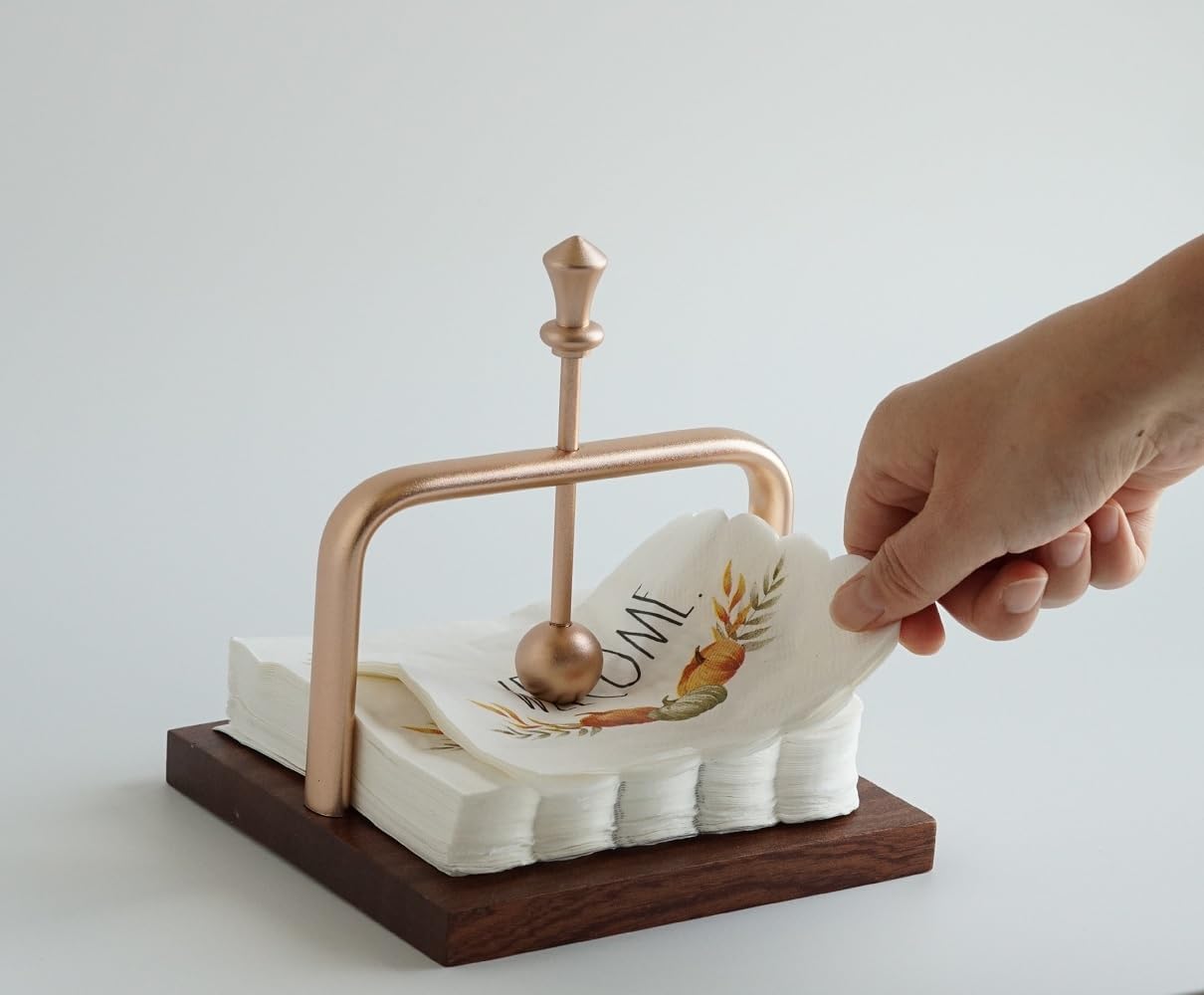 Wood Cocktail Napkin Holder for table, beverage napkin holder with Weighted Metal Arm for Stability, Ideal for Restaurants, Bars, Kitchens, Cafes Indoor/Outdoor Use (Rose Gold)