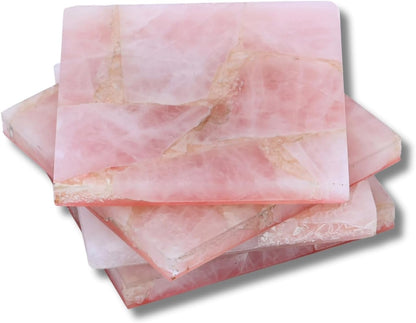Natural Rose Quartz Pink Coasters Set of 4 – Crystal Stone Drink Square Coasters for Coffee Table Decor, Wine or bar Coasters, Housewarming Gifts, Wedding Gifts & Modern Beverage Cute Coasters