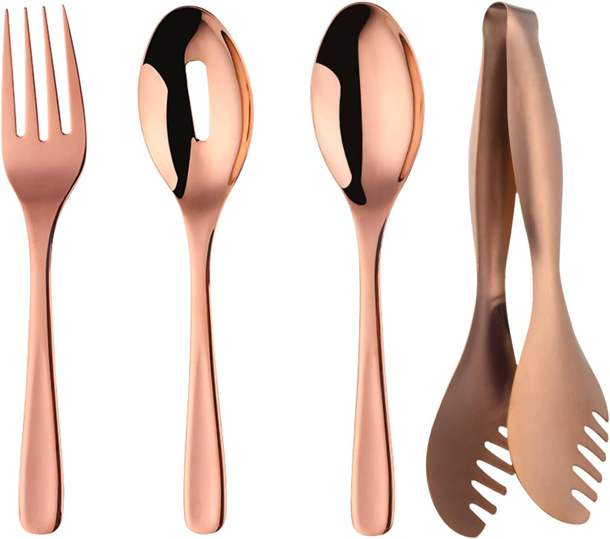 Stainless Steel Serving Spoons Set of 4 Large 10-in Serving Spoon & Slotted Spoon & Serving Fork & Serving Tong for Catering Banquet Buffet Serving Utensils,Dishwasher Safe (Rose Gold), C124US