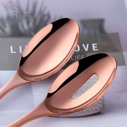 Stainless Steel Serving Spoons Set of 4 Large 10-in Serving Spoon & Slotted Spoon & Serving Fork & Serving Tong for Catering Banquet Buffet Serving Utensils,Dishwasher Safe (Rose Gold), C124US