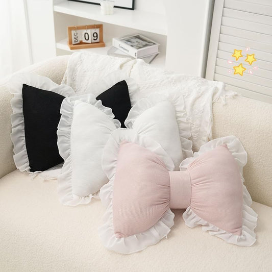 Cute Bow Pillow,Lace and Lace Bow Pillow,Car Backrest Cushion,Sofa Office Lumbar Pillow Cushion,Room Decor (Pink)