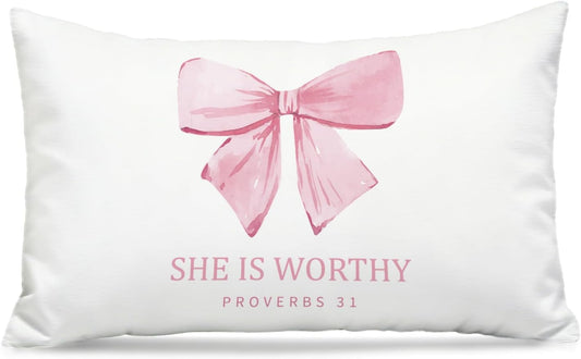 Pink Bow Christian Pillow Covers 12x20, Coquette Room Decor, Proverbs 31 Bible Verse Decorative Throw Pillow Covers Pillowcases for Girls Dorm Apartment Church