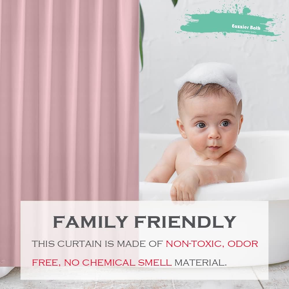 Baby Pink Plastic Shower Curtain Or Liner, 72x72 Inch Lightweight Light Pink Plastic Bathroom Shower Showroom Inner Curtain with Rustproof Metal Grommet Holes and Weighted Magnets
