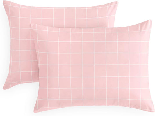 Wake In Cloud - Checkered Pillow Cases, Preppy Grid Geometric Plaid Modern Pattern Printed, Set of 2 Soft Pillowcases Pillow Shams Covers, Pink, Standard Size 20x26 Inches