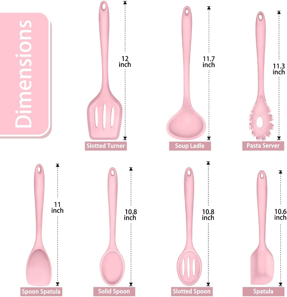 P&P CHEF Silicone Cooking Utensils Set of 7, Heat-proof Kitchen Utensils Set for Nonstick Cookware, Non-stick Spatula, Slotted Turner, Soup Ladle, Pasta Server, Spoon for Cooking Serving - Pink