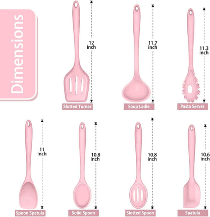 P&P CHEF Silicone Cooking Utensils Set of 7, Heat-proof Kitchen Utensils Set for Nonstick Cookware, Non-stick Spatula, Slotted Turner, Soup Ladle, Pasta Server, Spoon for Cooking Serving - Pink