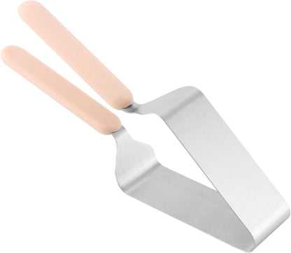 2-in-1 Cake Slicer and Server with Double Handle, Adjustable Width | Squeeze to set slice width, Press down then lift to plate, Fits wedge slices, Color pink