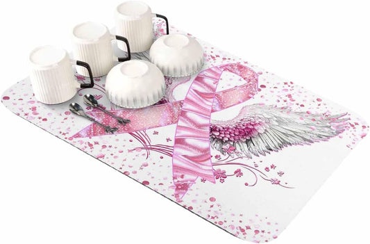 Pink Ribbon Wings Dish Drying Mat for Kitchen Counter, Absorbent Quick Dry Coffee Bar Mat Pad Thin Diatomaceous Sink Mats, Bows Flowers Love Heart Abstract Non Slip Dish Drainer Mats 12''x16''
