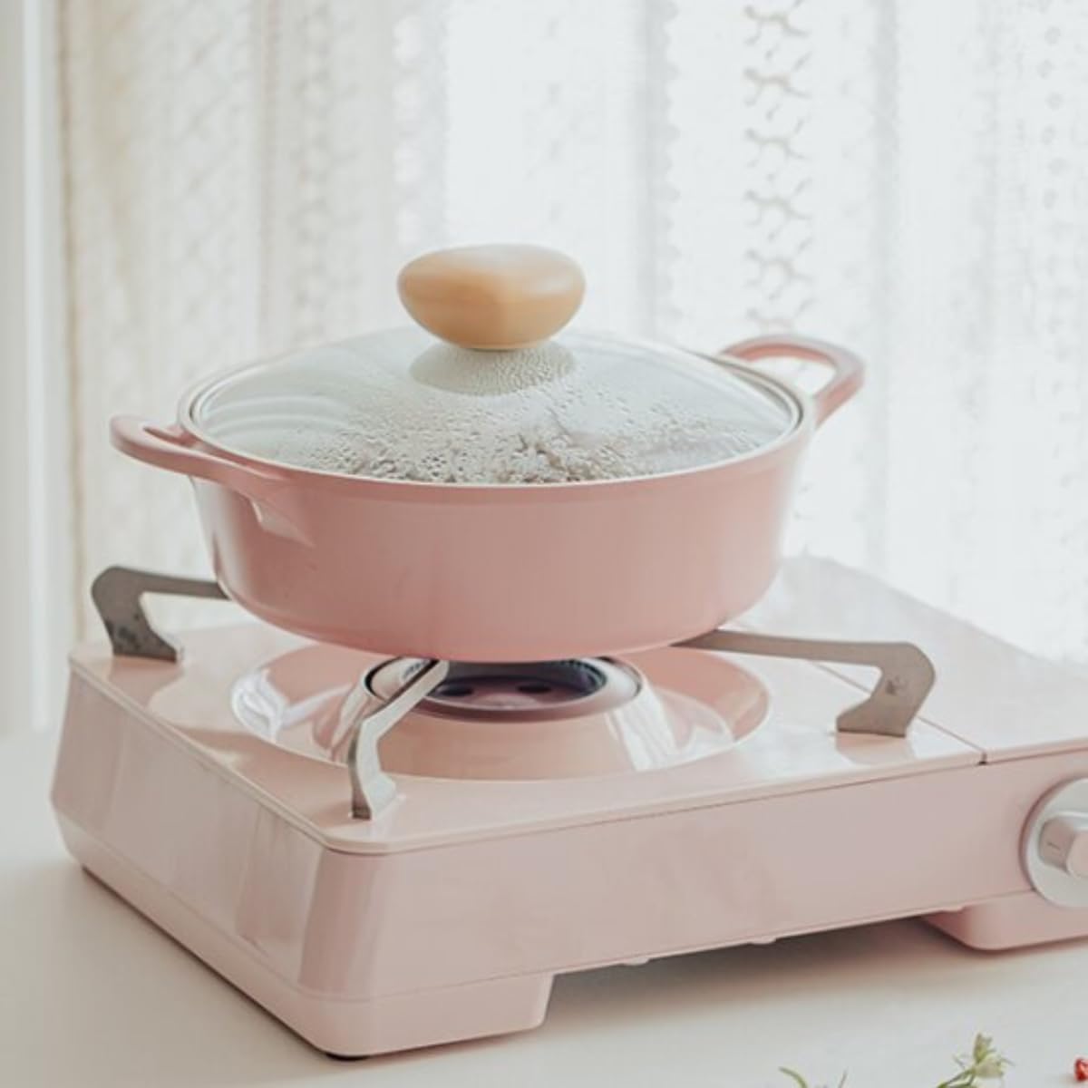 Neoflam Retro 2.0QT Low Stock Pot with Lid – 8.7" (22cm) Nonstick Ceramic Coated Casserole Pot for Soup, Pasta, Stew, Dishwasher Safe, Elegant Pink Cookware for Everyday Use, Made in Korea