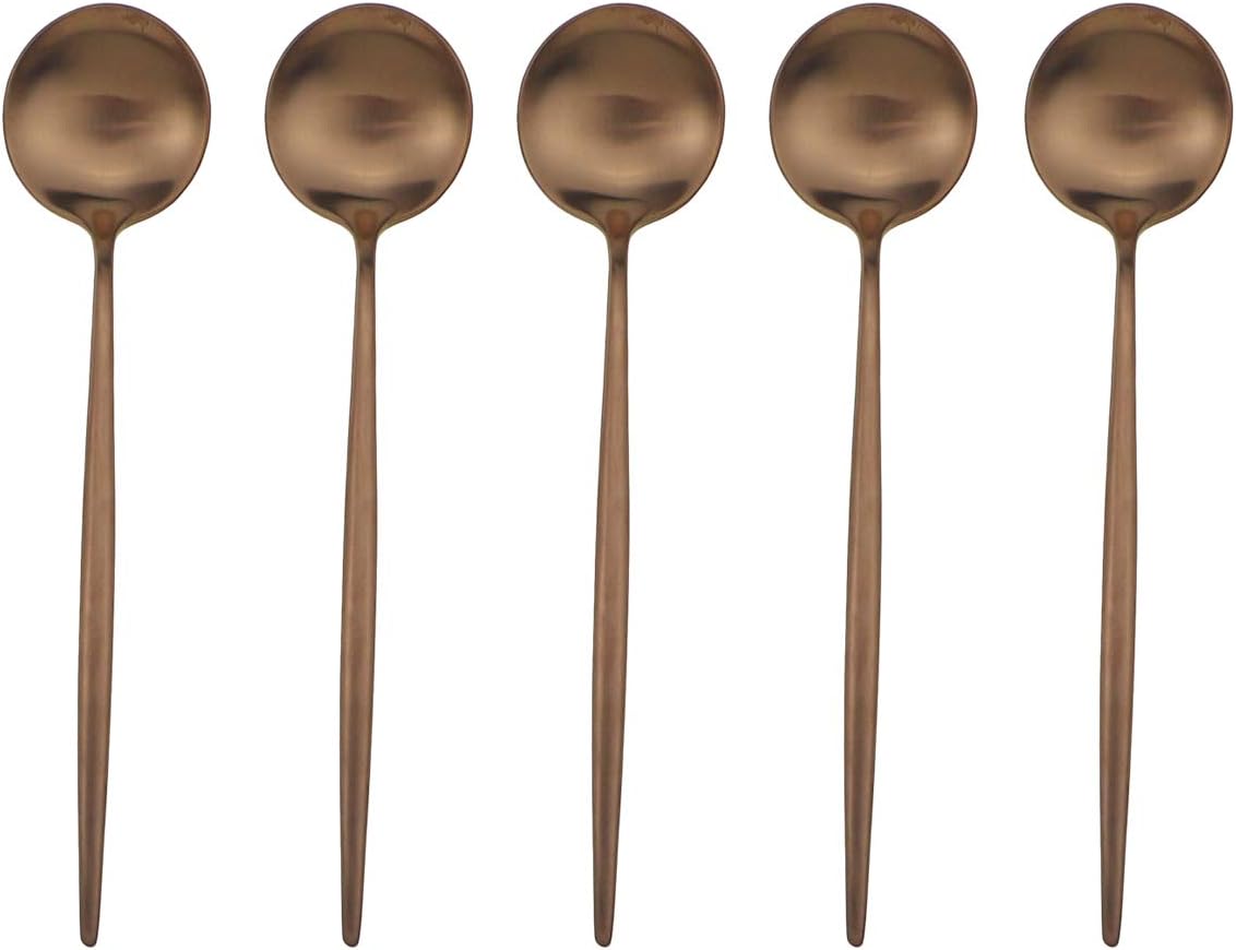 5 Pcs Dessert Spoon Set Silverware Set – 304 Stainless Steel Rose Gold Utensil Salad Spoon Set, Matte Copper Curved Design Cutlery 7.09 inches